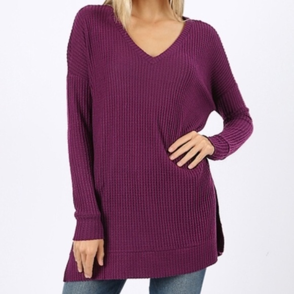 Eggplant Waffle Knit V-Neck Sweater - Picture 6 of 9